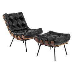 Poltrona e Puff Decorativos Sala de Estar Costela Couro