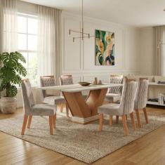 Sala de Jantar 6 Cadeiras Estofadas Atena e Mesa com Tampo Mdf e Vidro
