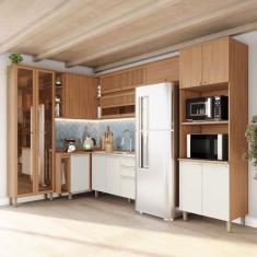 Cozinha Completa Requinte 14 Portas 2 Gavetas Ripado com Vidro Ce884 Nature/Areia - Henn