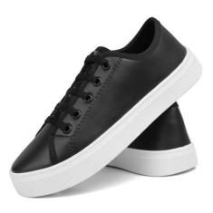 Tenis Feminino Casual Caixa Alta Com Cadarços - SapatoFran, Preto