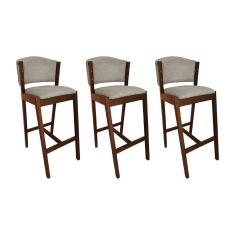 Kit 3 Banquetas Alta de Madeira Maciça Castanho Premium Ana com Encosto Linho Bege