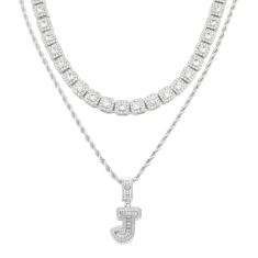 HH BLING EMPIRE Colar de corrente com pingente de letra inicial de diamante de zircônia cúbica gelada de prata, corda com pingente e corrente de tênis baguete | 2 conjuntos de colares, Zircônia