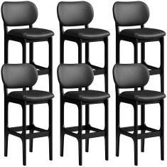 Kit 6 Banquetas Alta Para Cozinha Betta L02 Madeira Maciça Assento Estofado Preto Lyam Decor