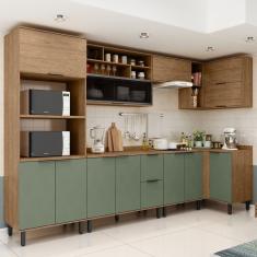 Cozinha Modulada Toscana 7 Peças Mdf Com Aéreo 1200 Porta De Vidro Basculante E Armários Canto Com T Freijó