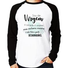 Camiseta Raglan Sou de Virgem Manga Longa - Foca na Moda, Branco, Pret