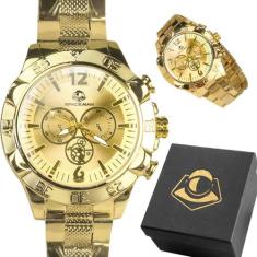 Relogio Masculino Aço Agua Prova Banhado + Caixa dourado presente pesa
