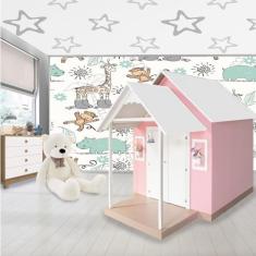 Casinha de Brinquedo Artesanal MDF com Telhado Branco/Rosa L12 - Gran Belo