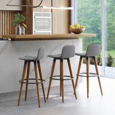 Kit 3 Banquetas Altas Luxo Versatil Aço Preto Linho Cinza Base Carvalho