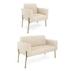 Sofá Namoradeira e Poltrona Pé de Ferro Dourado Marisa Linho Bege D03 - D`Rossi