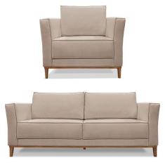 Kit Poltrona e Sofá Living 2 Lugares 1,90m Vega Linho Pés Castanho - P