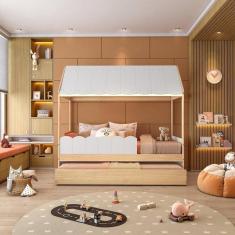 Bicama Reversivel Casinha com Telhado, LED e Grade Frontal Dupla New Garden Casatema Branco/Natural