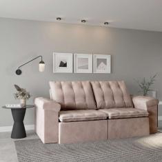 Sofá 3 Lugares Retrátil e Reclinável Teresópolis Veludo Bege Claro 230 cm