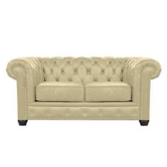 Sofá Chesterfield 2 Lugares com Pés Madeira Couro Bege - Gran Belo