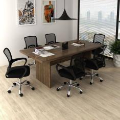 Kit 7 Peças com Uma Mesa de Reunião e 6 Cadeiras de Escritório Tela Mesh Espresso Móveis Nogal/Preto