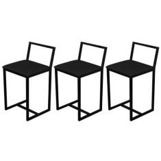 Kit 3 Banqueta Baixa Para Cozinha Preta Industrial Assento Estofado - 