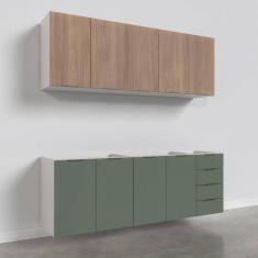 Cozinha Modulada 4 Peças Sem Tampo 2 Aéreos e 2 Balcões Ipanema CabeCasa MadeiraMadeira Acácia/Verde Folha/Branco