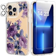 bicol Capa para iPhone 13 Pro Max com protetor de tela e lente de câmera - Design floral de flores elegantes para mulheres e meninas - Capa de telefone transparente de acrílico à prova de choque de