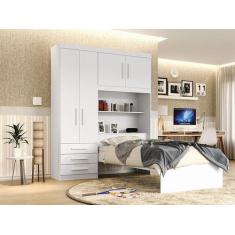 Conjunto Roupeiro Guarda Roupa de Solteiro Com Cama Cabeceira com Baú 