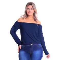 Blusa Ciganinha Manga Longa Plus Size - Lynnce, Azul marinho, G3
