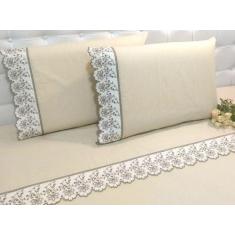 Jogo Lençol Queen Barrado Richilieu Percal 200 Fios 4 Peças Toque Maci