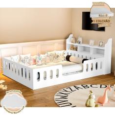 Cama Casal Design Montessoriana Helo com Nicho e Colchão D28 Branca Divaloto + Luminária