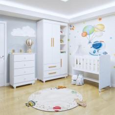Quarto de Bebê Completo com Cômoda, Mini Berço com Colchão e Guarda Ro