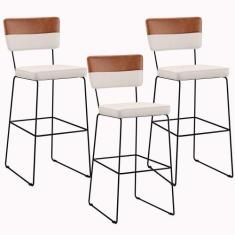 Kit 03 Banquetas Altas Faixa Camel Linho Cru - LYAM DECOR