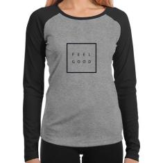 Baby Look Raglan Feel Good Manga Longa - Foca na Moda, Cinza, Preto, G