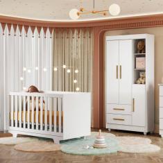 Quarto de Bebê Guarda Roupa 3 Portas e Berço Mini Cama 100% MDF com Colchão Nina  Branco