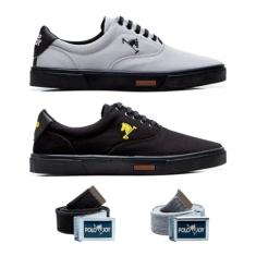 Kit 2 Tênis Casual Em Lona E 2 Cintos Polo Joy Cinza Preto E Preto Preto 42