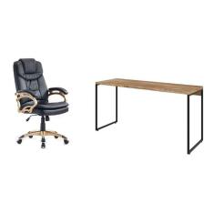 conjunto de mesa studio carvalho 150 cm com cadeira de escritório presidente giratória com relax clark preta e dourada