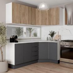 Cozinha Modulada 6 Peças com Tampo e Rodapé 3 Aéreos e 3 Balcões Ipanema Cabecasa Madeiramadeira Grafite Trama/Acácia