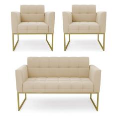 Kit 1 Sofá Namoradeira E 2 Poltronas Elisa Suede Bege Base Metálica Industrial Dourada D`rossi