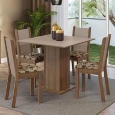 Conjunto Sala de Jantar Alana 4 Lugares Tampo em MDP com Cadeiras Estofadas Rustic Crema Bege Marrom 90x90cm
