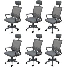 Kit 6 Cadeiras para Escritório Presidente Lyon Alta em Tela Mesh Cinza