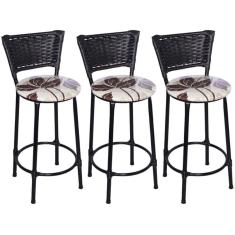 Kit 3 Banquetas Médias Preta com Encosto Junco Preto Assento Floral Marrom