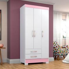 Guarda Roupas Solteiro Com 3 Portas 2 Gavetas Sem Espelho BE16 Flex Branco / Rosa Chá - Briz Móveis