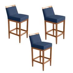 Kit 3 Banquetas Alta Lyara em Madeira Maciça com Encosto Estofada