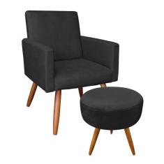 Kit Poltrona e Puff Banqueta Redonda Nina Suede Pés Palito Castanho - 