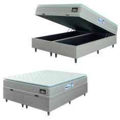 Cama Box Baú Casal Queen Colchão Espuma D33 Pillow Top Millenium 158x198x60cm Suede Bege/Branco