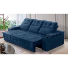 Sofá Retrátil e Reclinável 3 lugares 2,30m com Porta Copos e USB Hannah Suede Azul Adonai Estofados