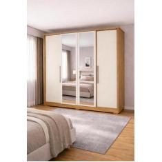 Guarda-Roupa Casal 4 Portas 2 Gavetas com Espelho Mônaco Branco/Marroc