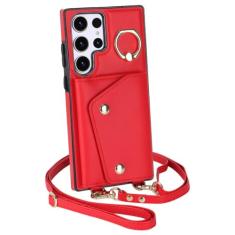 Capa de telefone carteira crossbody para Samsung Galaxy S21 FE S23 S22 Plus Note 20 Ultra A54 A53 A14 5G slot para cartão capa de couro com cordão, vermelha, para Galaxy S23