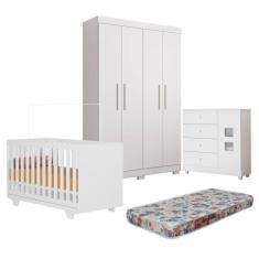 Quarto de Bebê Berço Mini Cama com Colchão, Cômoda 1 Porta 4 Gavetas e Roupeiro 4 Portas 3 Gavetas Branco