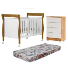 Quarto de Bebê com Berço Mini Cama com Colchão Slim e Cômoda de Bebê 100% Mdf 4 Gavetas Soft Life Branco/Madeirado Ypê
