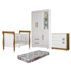 Quarto de Bebê com Berço Mini Cama, Cômoda 1 Porta 4 Gavetas e Roupeiro Flocos 3 Portas 2 Gavetas Branco/Madeirado Ypê