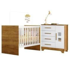 Quarto de Bebê com Berço com Suporte 100% Mdf Life e Cômoda 4 Gavetas 1 Porta Fly 100% Mdf Branco/Madeirado Ypê