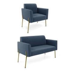 Sofá Namoradeira E Poltrona Pé De Ferro Dourado Marisa Suede Azul Marinho D03
