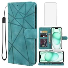 Wanyuexes Capa para iPhone 15 Plus de 6,7 polegadas, capa carteira para Apple 15 Plus com protetor de tela de vidro temperado, pele de poliuretano flip com suporte para cartão de crédito para iPhone