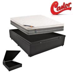 Cama Box Baú Casal Sintético + Colchão Castor Molas Bonnel Premium Tec